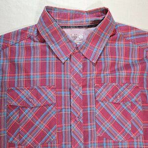 Mountain Hardwear Men's Small Plaid Shirt Burgundy Blue Snap Front Outdoor EUC